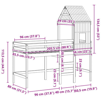 vidaXL Parvisänky tikkailla ja katoksella 80x200 cm täysi mänty