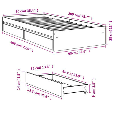 vidaXL Sängynrunko laatikoilla Sonoma-tammi 90x200 cm tekninen puu