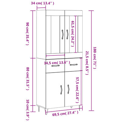 vidaXL Kaappi ruskea tammi 69,5x34x180 cm tekninen puu