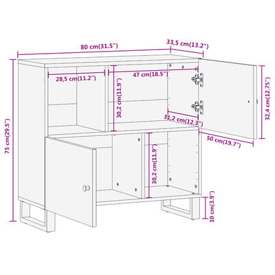 vidaXL Sivukaappi ruskea ja musta 80x33,5x75 cm täysi mangopuu