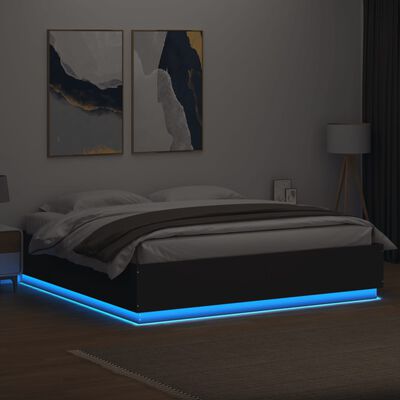 vidaXL Sängynrunko LED-valoilla musta 200x200 cm tekninen puu