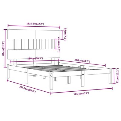 vidaXL Sängynrunko musta täysi mänty 180x200 cm Super King