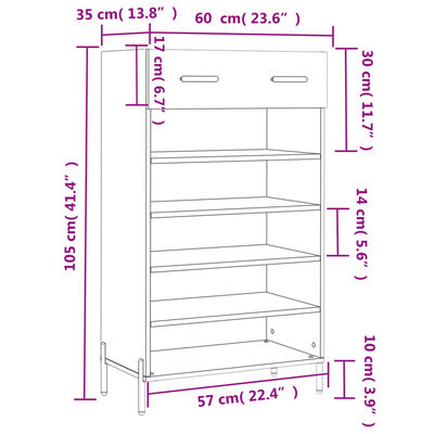 vidaXL Kenkäkaappi ruskea tammi 60x35x105 cm tekninen puu