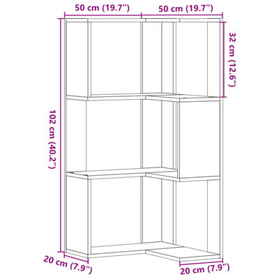 vidaXL Kulmakirjahylly 3 tasoa harmaa Sonoma 50x50x102 cm tekninen puu