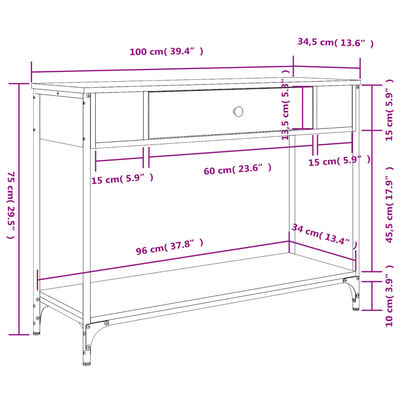 vidaXL Konsolipöytä harmaa Sonoma 100x34,5x75 cm tekninen puu