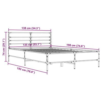 vidaXL Sängynrunko Sonoma-tammi 135x190 cm tekninen puu ja metalli