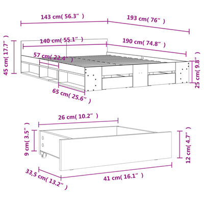 vidaXL Sängynrunko laatikoilla Sonoma-tammi 140x190 cm tekninen puu