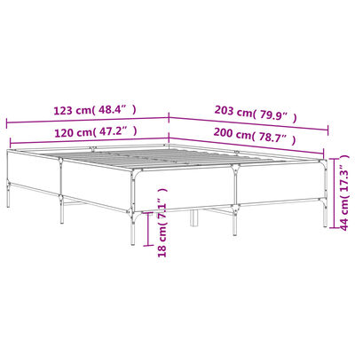 vidaXL Sängynrunko harmaa Sonoma 120x200 cm tekninen puu ja metalli