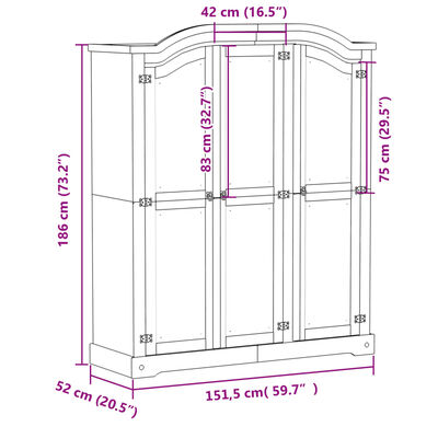 vidaXL Vaatekaappi Corona valkoinen 151,5x52x186 cm täysi mänty