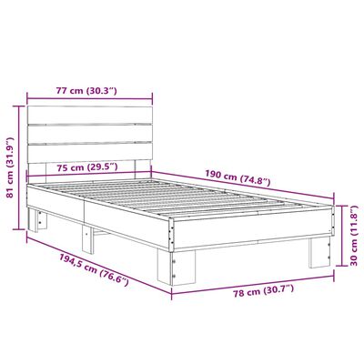 vidaXL Sängynrunko ruskea tammi 75x190 cm tekninen puu ja metalli