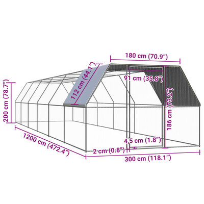 vidaXL Ulkotilan kanahäkki 3x12x2 m galvanoitu teräs