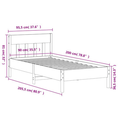 vidaXL Sängynrunko ilman patjaa 90x200 cm täysi mänty