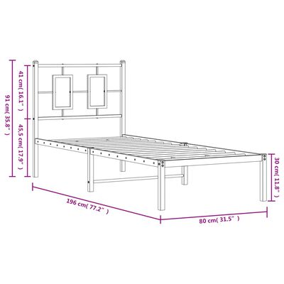 vidaXL Metallisängynrunko ilman patjaa päätylevy valkoinen 75x190 cm