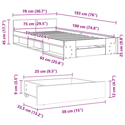 vidaXL Sängynrunko laatikolla Sonoma-tammi 75x190 cm tekninen puu