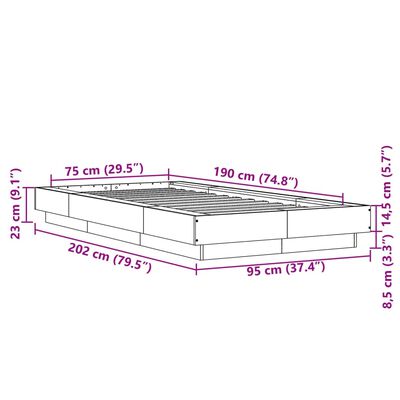 vidaXL Sängynrunko LED-valoilla ruskea tammi 75x190 cm tekninen puu