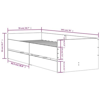 vidaXL Sängynrunko laatikoilla betoninharmaa 75x190 cm Small Single