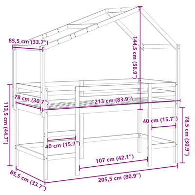 vidaXL Parvisänky tikkailla ja katoksella 80x200 cm täysi mänty