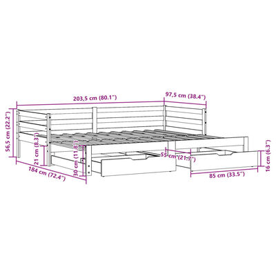 vidaXL Vuodesohva rullilla ja laatikoilla ruskea 90x200 cm täysi mänty