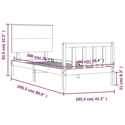 vidaXL Sängynrunko päädyllä musta 100x200 cm täysi puu