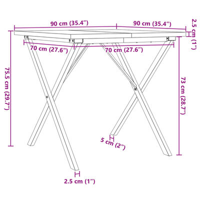 vidaXL Ruokapöytä X-runko 90x90x75,5 cm täysi mänty ja valurauta