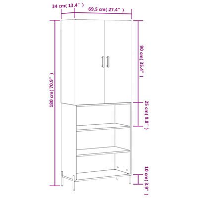 vidaXL Kaappi harmaa Sonoma 69,5x34x180 cm tekninen puu