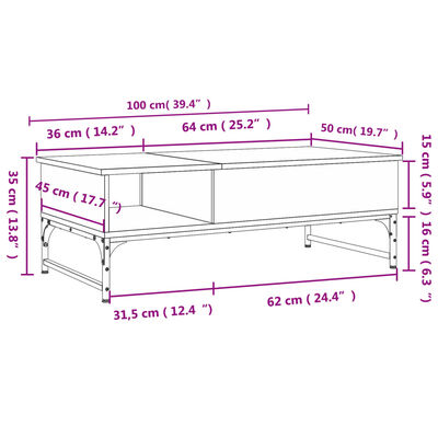 vidaXL Sohvapöytä savutammi 100x50x35 cm tekninen puu ja metalli