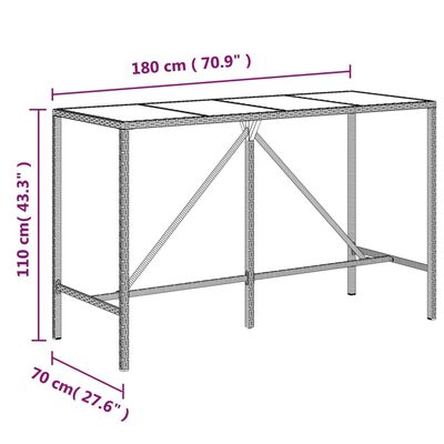 vidaXL Baaripöytä lasipöytälevyllä ruskea 180x70x110 cm polyrottinki