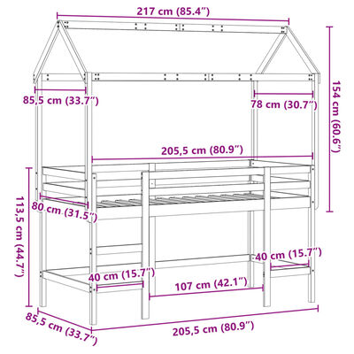 vidaXL Parvisänky tikkailla ja katoksella valk. 80x200 cm täysi mänty