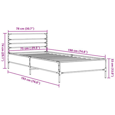 vidaXL Sängynrunko ruskea tammi 75x190 cm tekninen puu ja metalli