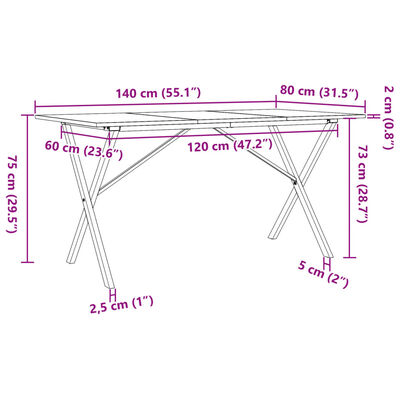 vidaXL Ruokapöytä X-runko 140x80x75 cm täysi mänty ja valurauta