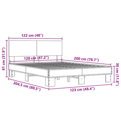 vidaXL Sängynrunko ruskea tammi 120x200 cm tekninen puu ja metalli