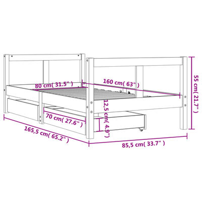 vidaXL Lasten sängynrunko laatikoilla valkoinen 80x160 cm täysi mänty