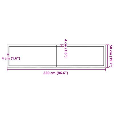 vidaXL Kylpyhuoneen työtaso v.ruskea 220x50x(2-4)cm käsitelty täyspuu