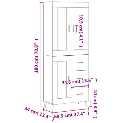 vidaXL Kaappi betoninharmaa 69,5x34x180 cm tekninen puu