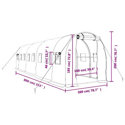 vidaXL Kasvihuone teräsrungolla valkoinen 16 m² 8x2x2 m