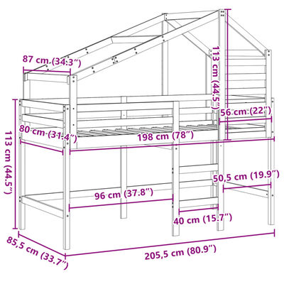 vidaXL Parvisänky tikkailla ja katoksella 80x200 cm täysi mänty