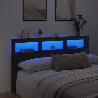 vidaXL Sängynpäätykaappi LED-valoilla musta 180x17x102 cm