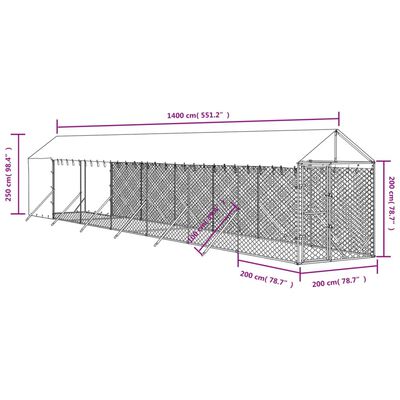 vidaXL Koiran ulkohäkki katolla hopea 2x14x2,5 m galvanoitu teräs