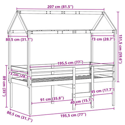 vidaXL Korotettu sänky katolla 75x190 cm täysi mänty