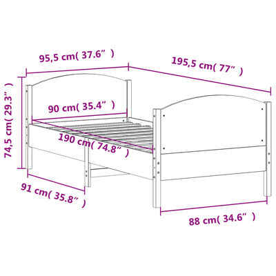 vidaXL Sängynrunko ilman patjaa 90x190 cm täysi mänty