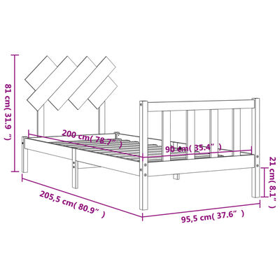 vidaXL Sängynrunko päädyllä musta 90x200 cm täysi puu