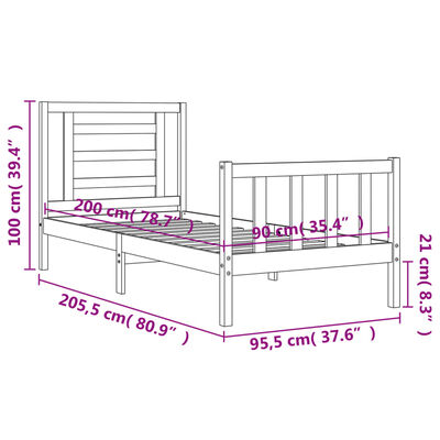 vidaXL Sängynrunko päädyllä musta 90x200 cm täysi puu