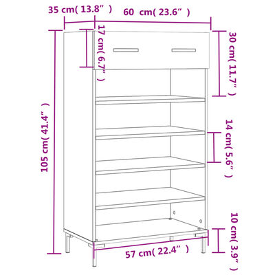 vidaXL Kenkäkaappi Sonoma-tammi 60x35x105 cm tekninen puu