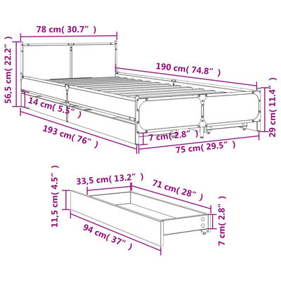 vidaXL Sängynrunko laatikoilla Sonoma-tammi 75x190 cm tekninen puu