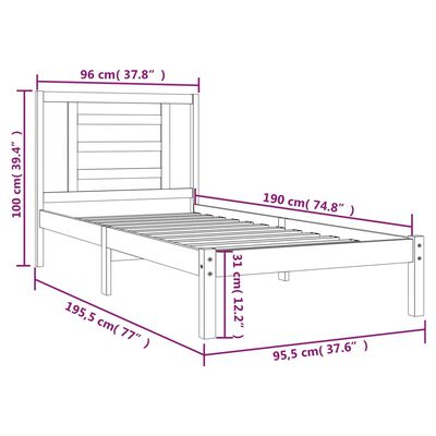 vidaXL Sängynrunko musta täysi mänty 90x190 cm Single