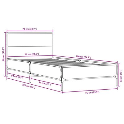 vidaXL Sängynrunko savutammi 75x190 cm tekninen puu ja metalli