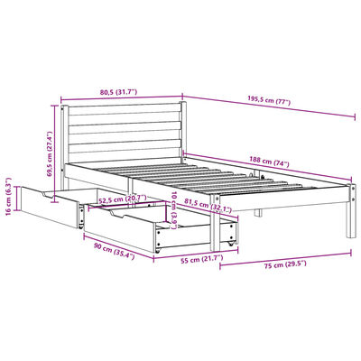 vidaXL Sängynrunko ilman patjaa päädyllä 75x190 cm täysi mänty