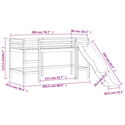 vidaXL Lasten parvisänky tornilla sininen 90x200 cm täysi mänty