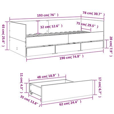 vidaXL Vuodesohva laatikoilla ei patjaa Sonoma-tammi 75x190 cm