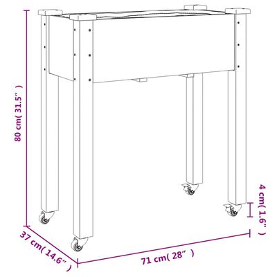 vidaXL Kukkalaatikko pyörillä ja vuorauksella 71x37x80 cm täysi kuusi